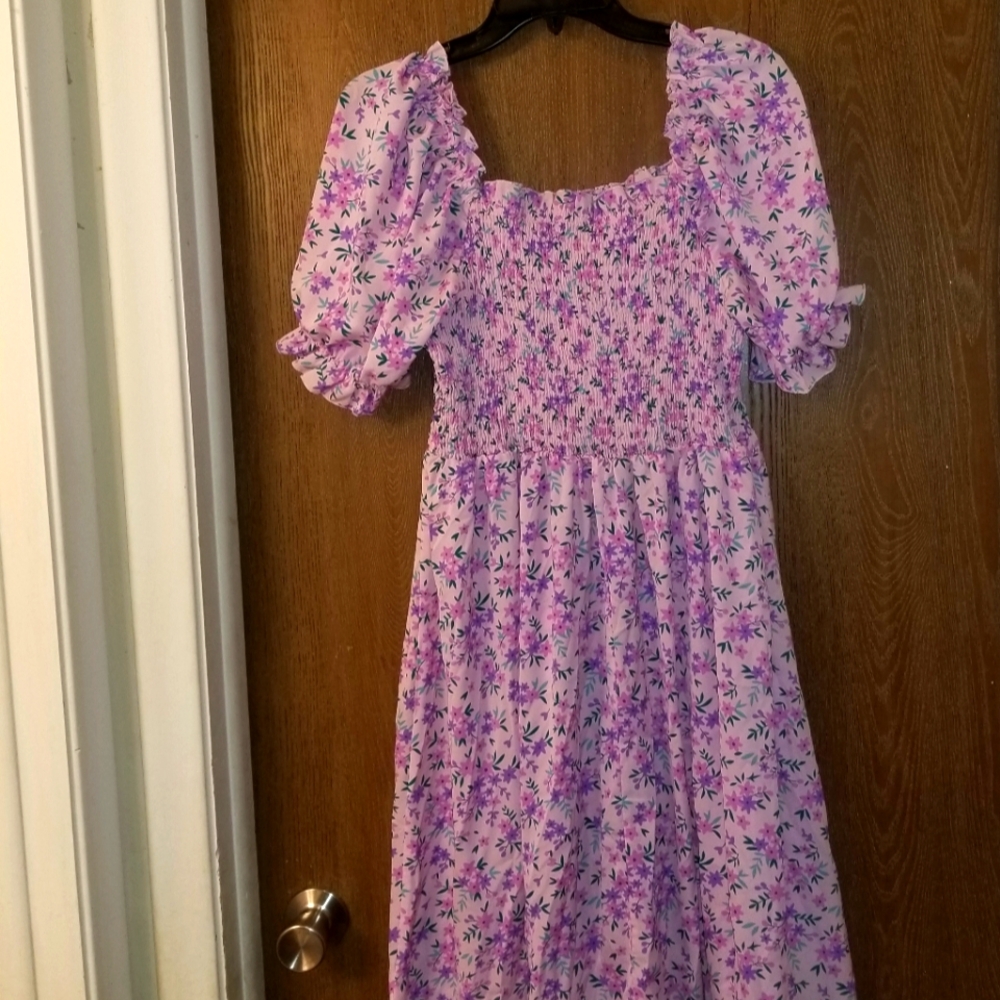 Floral Puff Sleeve Smocked Bodice Midi Dress
